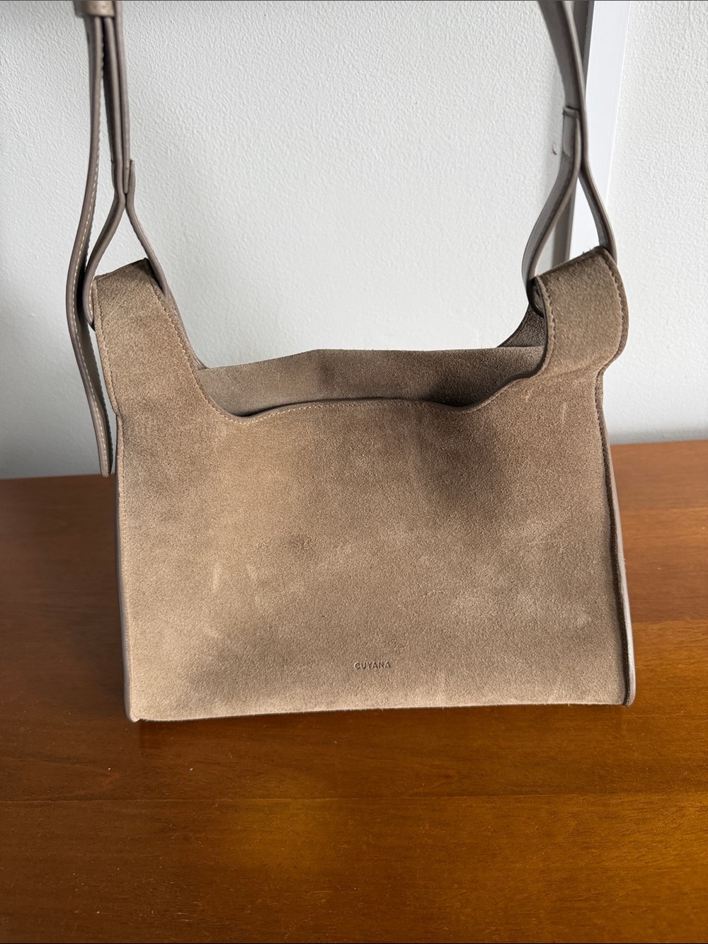 Cuyana Double Loop Bag Suede Neutral Tan Gray Crossbody Shoulder Bag - Picture 9 of 12
